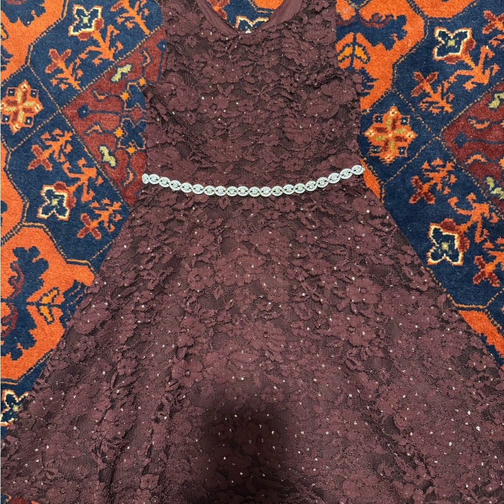 Charming Lace Kids Dress with Belt - Burgundy